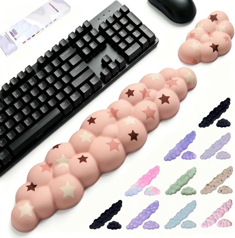LJYZMD Cloud Wrist Rest Set for Keyboard and Mouse, Includes Cute Coaster, with Computers and Laptops (Milk Tea Colorful Star Set) - Image 1