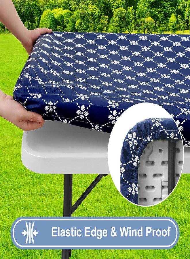 misaya Rectangle Vinyl Table Cloth, Elastic Fitted Tablecloth with Flannel Backing, Waterproof Plastic Table Cover Fits 6 Foot Folding Tables for Picnic, Camping, Indoor and Outdoor (Navy, 30" x 72") - Image 2