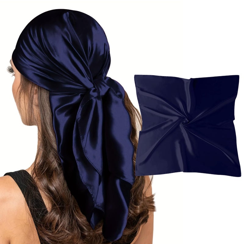 vimate Navy Blue Silk Scarf, 35 Inches Soild Color Navy Satin Silk Scarf for Hair Wrapping for Sleeping (Style 34-Navy) - Image 1