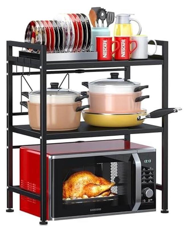 هوكور رف فرن ميكروويف قابل للتمديد من تراسل، رف ميكروويف / محمصة قابل للتعديل، حامل شديد التحمل، منظم لسطح منضدة المطبخ، 3 طبقات مع 6 خطافات، اسود، معدن، مصقول - Image 1