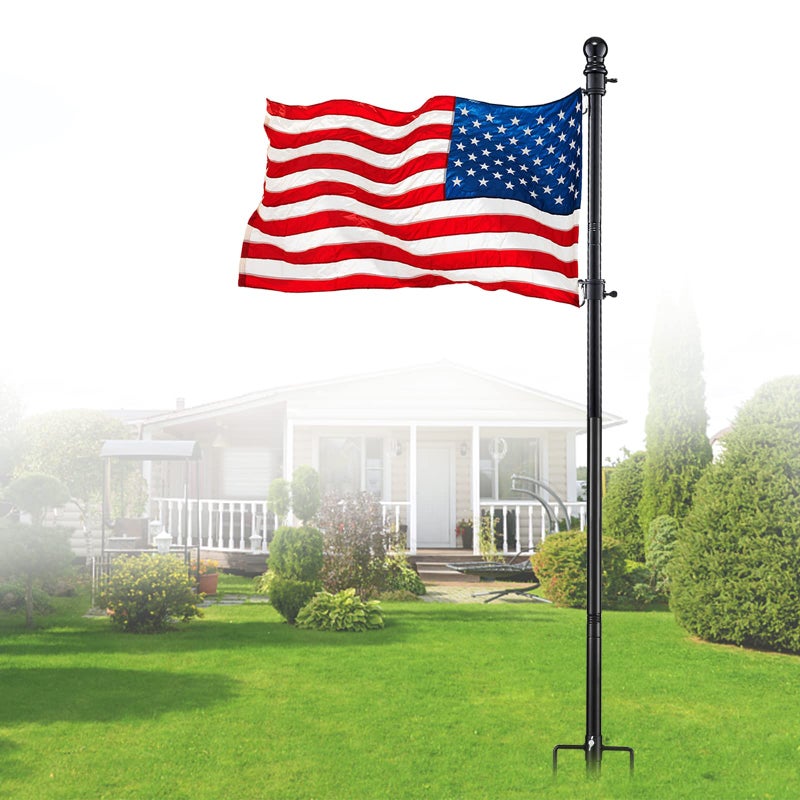أعمدة الأعلام الأرضية للمنزل الخارجي مجموعة أعمدة الأعلام السوداء الخارجية مع علم أمريكي 8 أقدام حامل علم محمول في الفناء مع دعامات 80
