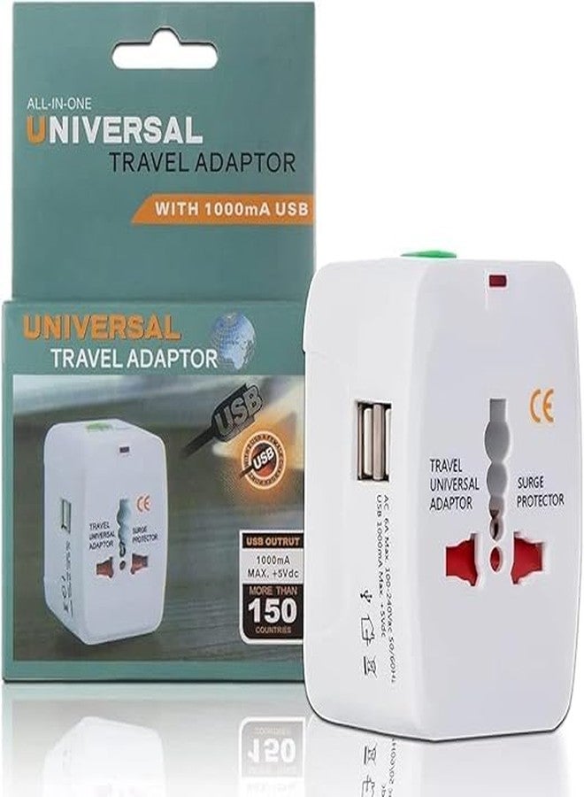 Universal Travel Adapter with 1 AC Socket and 2 USB Ports, All in One International Worldwide Travel Plug Adapter with Surge Protector - Image 1