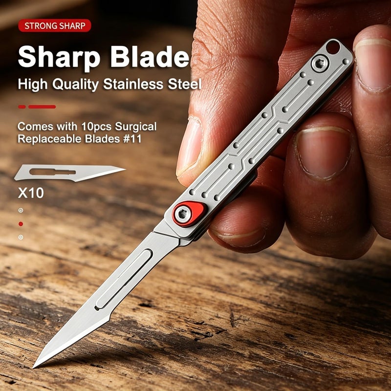 SOLARAE Folding Scalpel Knife for EDC Cutting, Keychain Utility Knife with 10pcs No.11 Replaceable Blades, 420 Stainless Steel Mini Pocket Box Cutter for Home Office Outdoor Use - Image 3