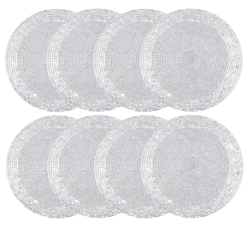 COTTON CRAFT Glitz Handmade Beaded Bar Drink Tabletop Protection Coasters  Set of 8  Halloween Harvest Autumn Fall Thanksgiving Holiday Christmas Xmas Celebration Festive Party  4 in Round  Silver