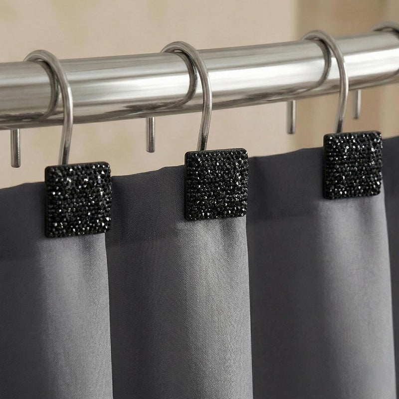 Popkozzi Black Shower Curtain Hooks Rings: Bling Glitter Sparkle Shiny Crystal Diamond Decorative Shower Curtain Rings - Luxury Fancy Glam Square Rhinestones Curtain Hooks & Hangers for Bathroom - Set of 12 - Image 1