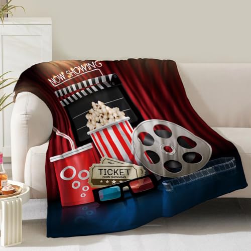 NuKuNsKf Movie Theater Theme Blanket Gifts for Women Girls Boys Men Cinema Clapboard Film Popcorn Print Presents for Kids Adults Teen Birthday Christmas Decor Home Couch Sofa Soft Cozy Flannel Throw 60"x50" - Image 1
