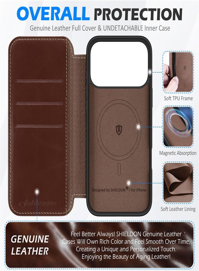 SHIELDON Slim Genuine Leather Wallet Case Compatible with iPhone 17 Pro Max 6.9-inch, Magnetic Wireless Charging, RFID Blocking, Card Holder, Foldable, Shock-Absorbent, Strap Holes - Retro Coffee - Image 3
