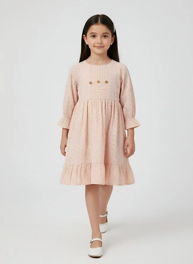 Bella Moda Girls Beige Schiffli Details 3/4 Puff Sleeves Knee Length Dress