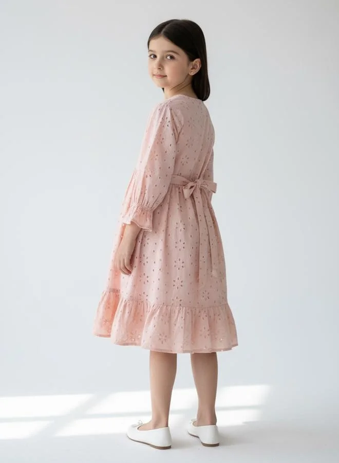 Bella Moda Girls Beige Schiffli Details 3/4 Puff Sleeves Knee Length Dress