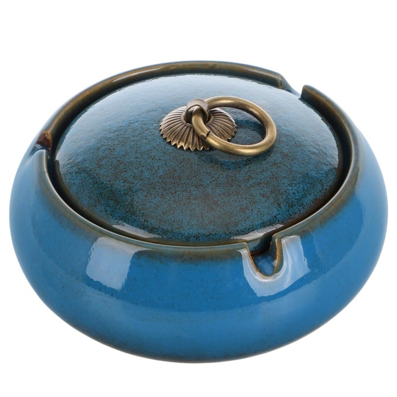 Ceramic Ashtray with Lid Windproof Odor Reducing Blue Ash Holder for Indoor Outdoor - Image 2