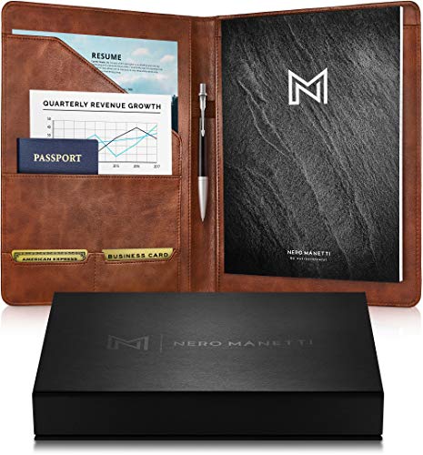 Nero Manetti - Leather Portfolio Folder - Business PU Leather Notepad Holder for Resumes, Legal Pad Executive Binder, Professional Padfolio Notebook for Women/Men (Brown) - Image 1