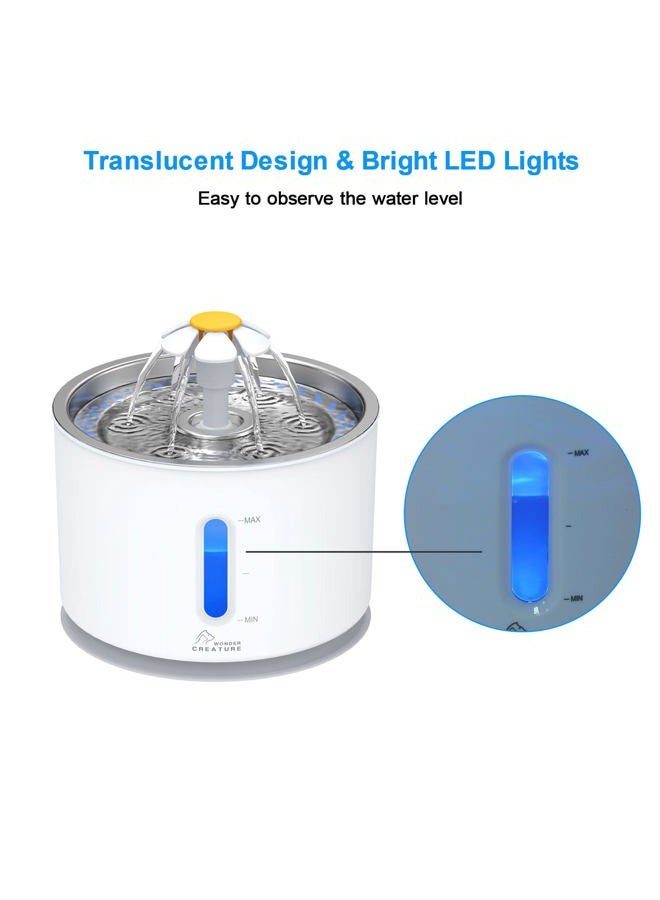 Wonder Creature Cat Water Fountain Pet Fountain Stainless Steel Top, Cat Water Dispenser with 3 Replacement Filters and Cleaning Brushes, 2.4L Ultra Quiet Water Level Window with LED Light 3 Ways to Drink White - Image 4