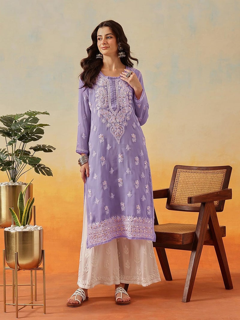 Ada Women Georgette Regular Hand Embroidered Lucknowi Chikankari Kurti Kurta with Slip with Gotapatti Work A411353 Mauve (L) - Image 5