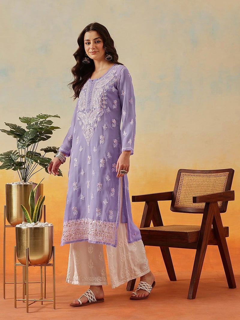 Ada Women Georgette Regular Hand Embroidered Lucknowi Chikankari Kurti Kurta with Slip with Gotapatti Work A411353 Mauve (L) - Image 4