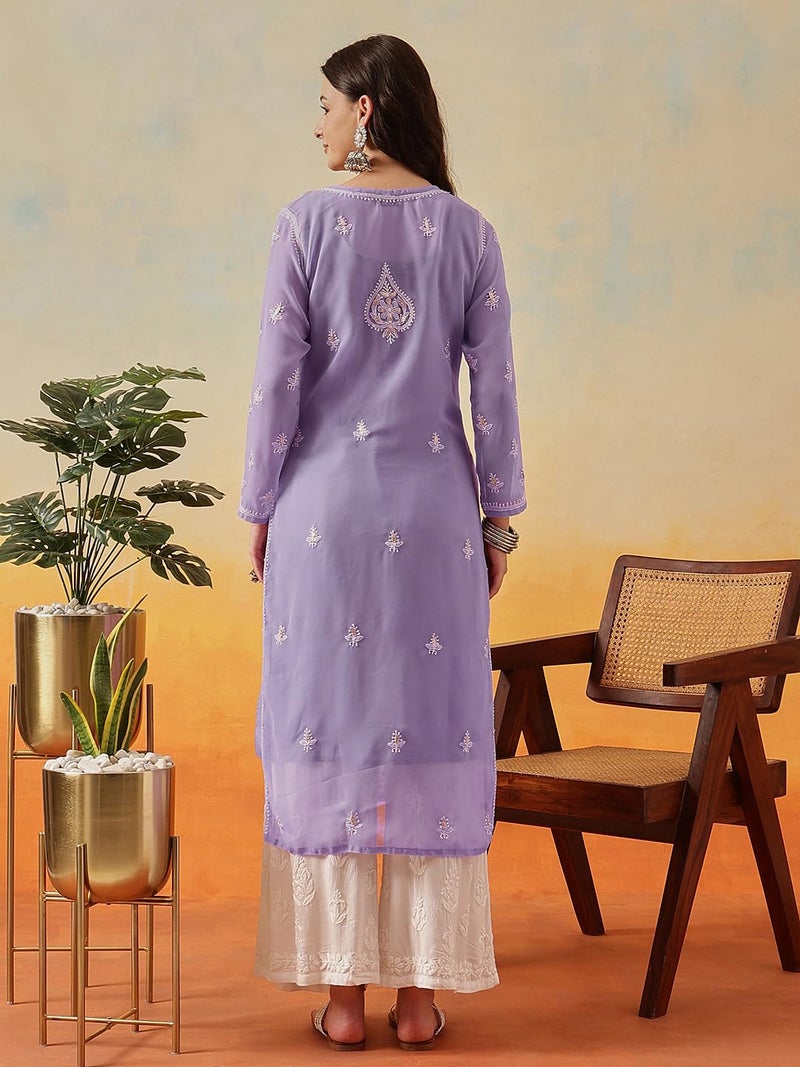Ada Women Georgette Regular Hand Embroidered Lucknowi Chikankari Kurti Kurta with Slip with Gotapatti Work A411353 Mauve (L) - Image 2