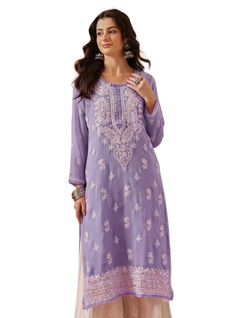 Ada Women Georgette Regular Hand Embroidered Lucknowi Chikankari Kurti Kurta with Slip with Gotapatti Work A411353 Mauve (L) - Image 1