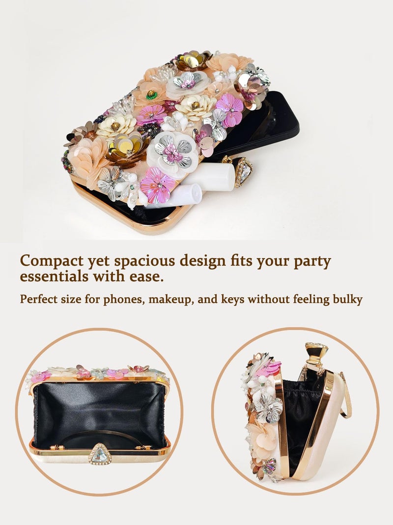 VESONNY Floral Clutch Purse for Women â€“ Elegant Flower Evening Purse with Detachable Chain & Wristlet, Sparkling Sequins for Wedding Guest, Prom, Cocktail Party & Gift (Champagne) - Image 4