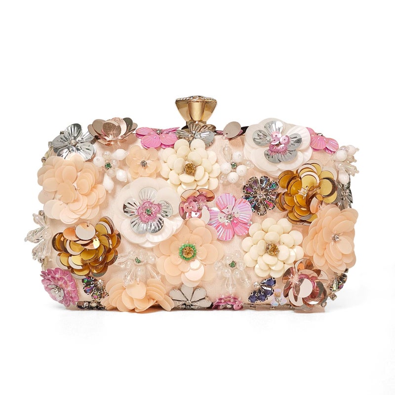 VESONNY Floral Clutch Purse for Women â€“ Elegant Flower Evening Purse with Detachable Chain & Wristlet, Sparkling Sequins for Wedding Guest, Prom, Cocktail Party & Gift (Champagne) - Image 1