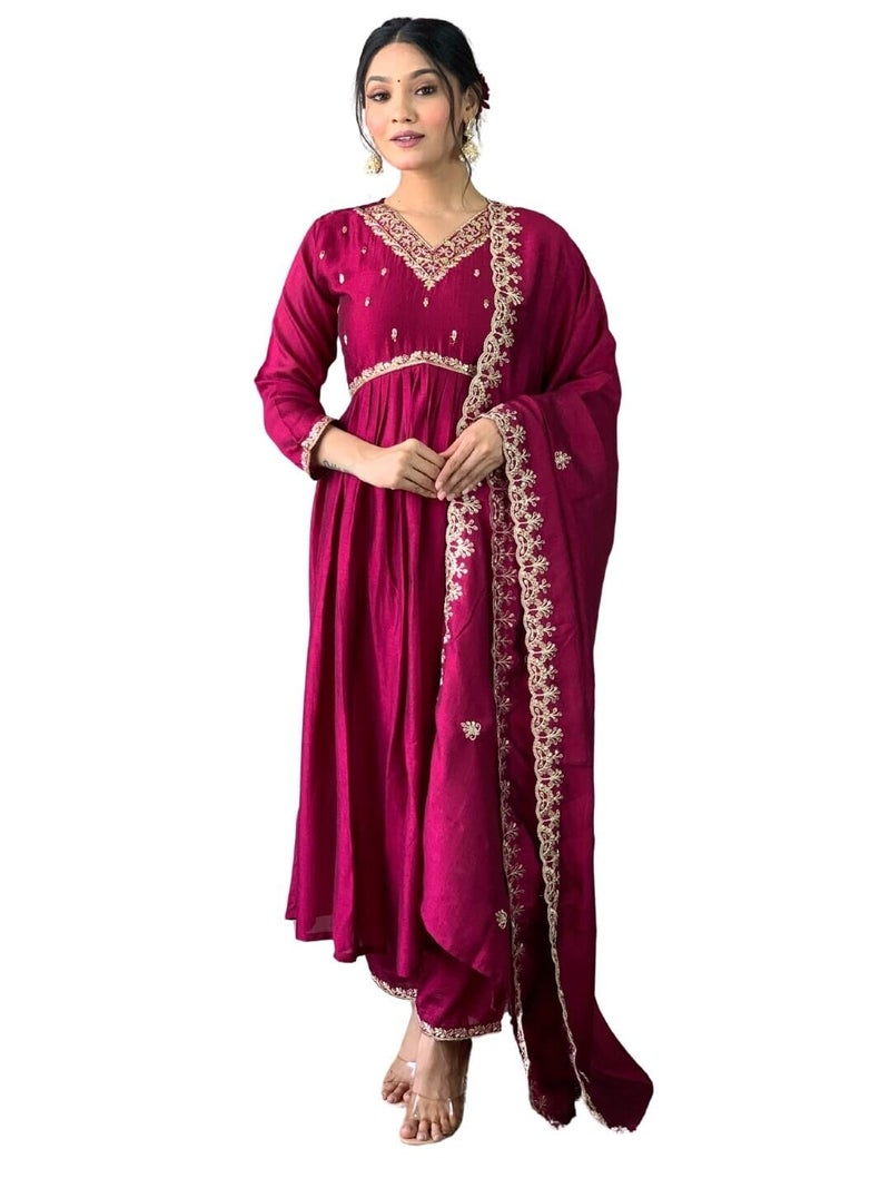 Shiv Textiles Women's Chanderi Silk Embroidered Kurta Pant Dupatta Set(JDA-SAMEERA-Maroon-M) - Image 2