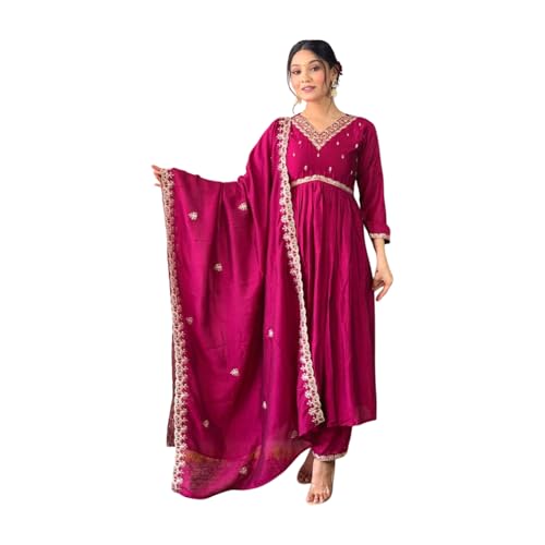 Shiv Textiles Women's Chanderi Silk Embroidered Kurta Pant Dupatta Set(JDA-SAMEERA-Maroon-M) - Image 1