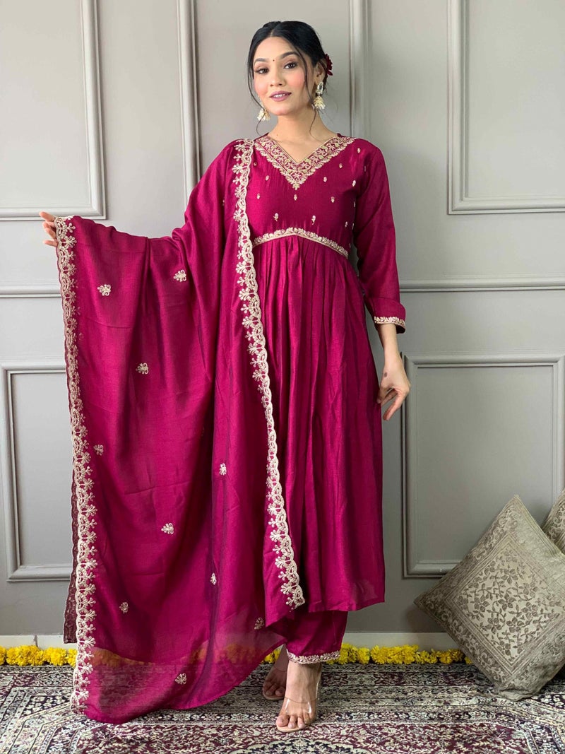 Shiv Textiles Women's Chanderi Silk Embroidered Kurta Pant Dupatta Set(JDA-SAMEERA-Maroon-M) - Image 3