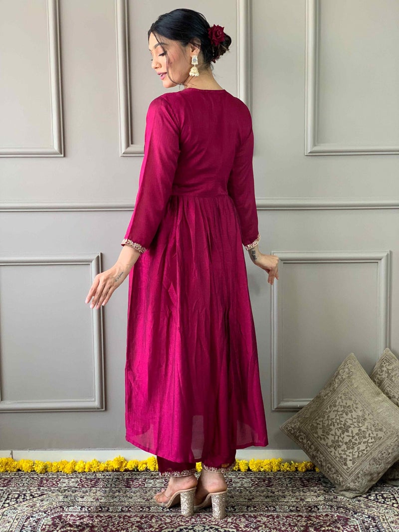 Shiv Textiles Women's Chanderi Silk Embroidered Kurta Pant Dupatta Set(JDA-SAMEERA-Maroon-M) - Image 5