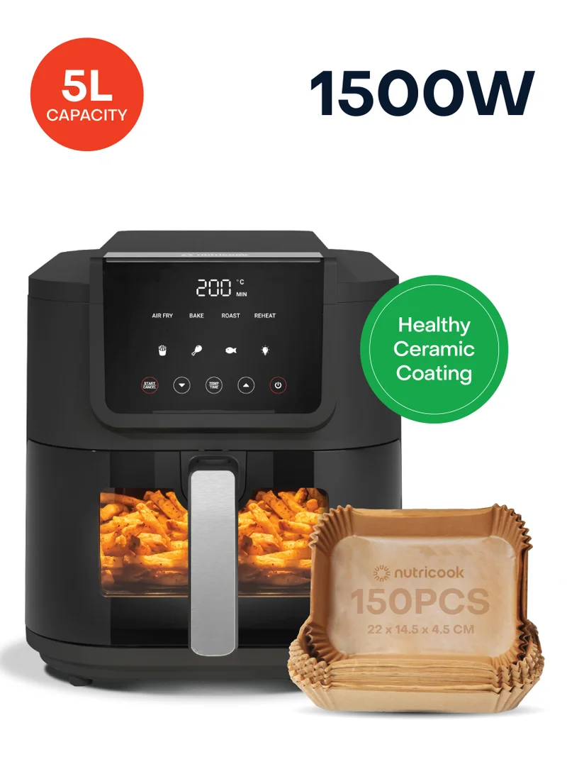 نيوتري كوك Air Fryer Slim, 5L with Air Fryer Liners, Large Basket, Space-Saving Slim Design, Air Fry, Bake, Reheat, with 5 Presets, Clear Window & Light, AFS100Combo, Black, 1500 Watts, AFS100Combo, Black