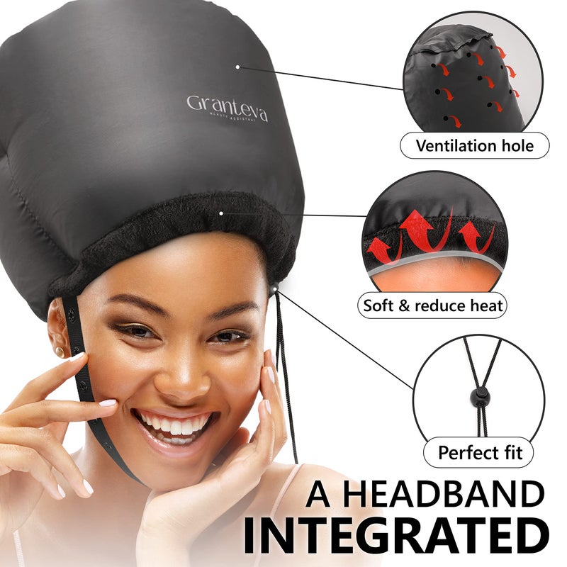 Granteva Hooded Hair Dryer w/A Headband Integrated That Reduces Heat Around Ears & Neck - Hair Dryer Hooded Diffuser Cap for Curly, Speeds Up Drying Time, Safety Deep Conditioning At Home - Portable, Large - Image 2