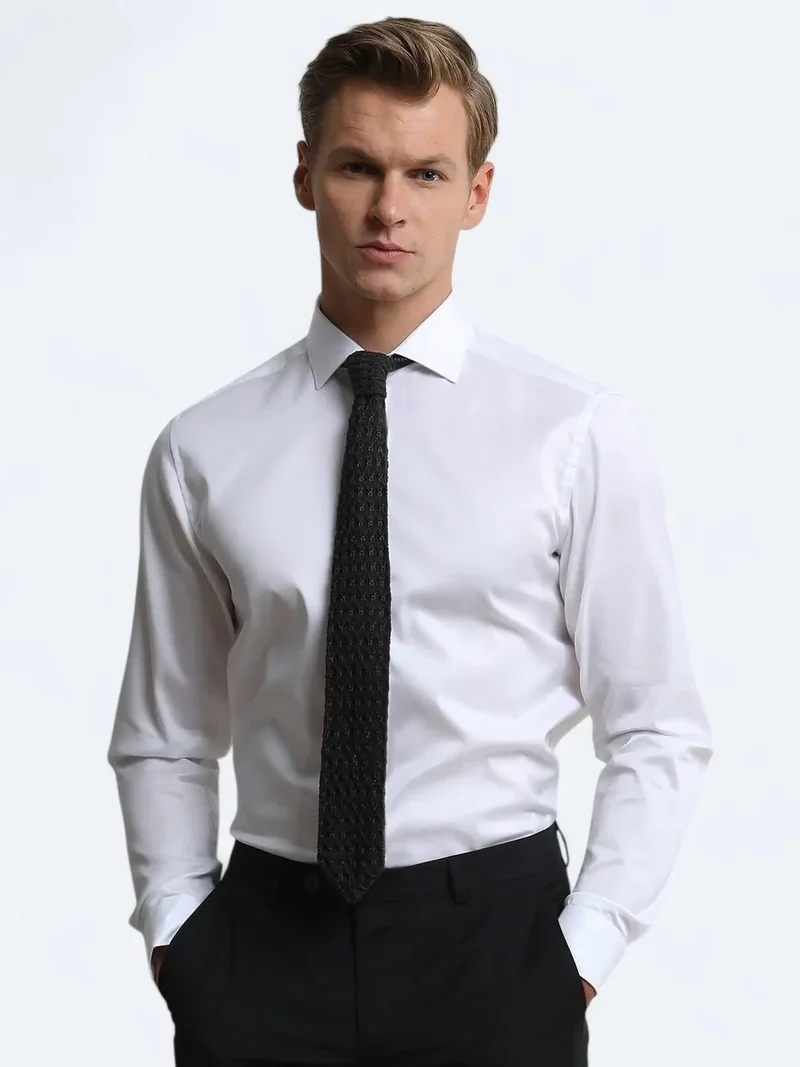 Kip White Plain Regular Fit Weaving Classical 100% Cotton Shirt