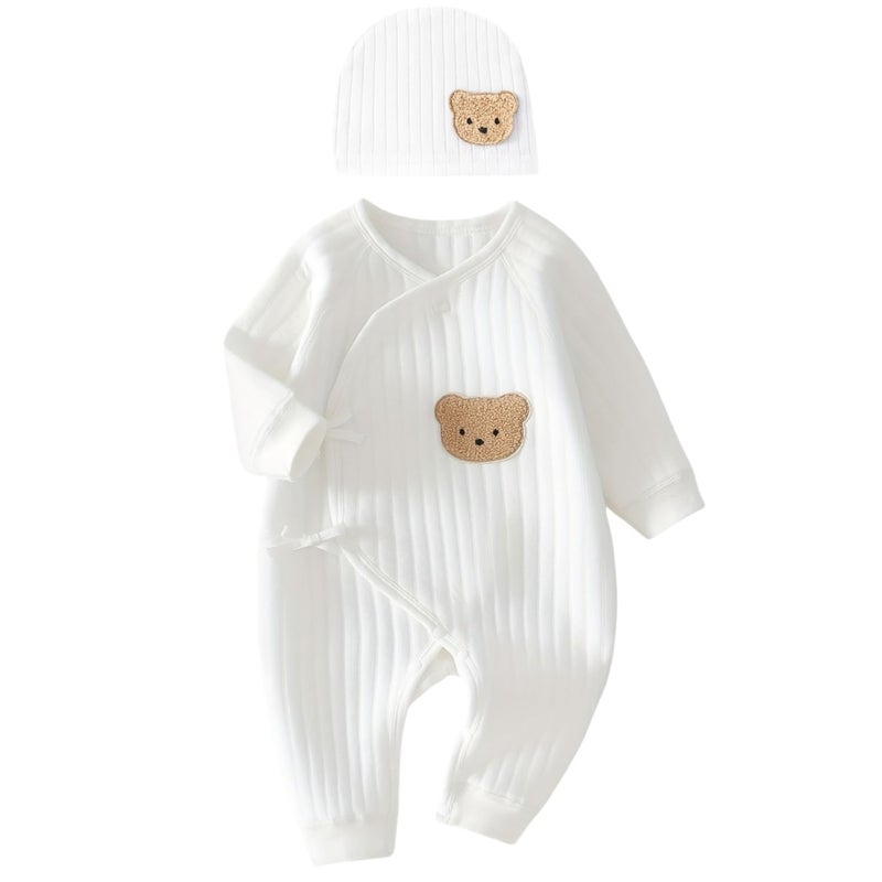 Babyfond Newborn Baby Onesie with Hat, 100% Cotton Cute Bear Casual Long Sleeve Baby Grows Bodysuit, Soft Comfortable Infant Newborn Boy's Girl's Clothes (White, 1-3 Months) - Image 1
