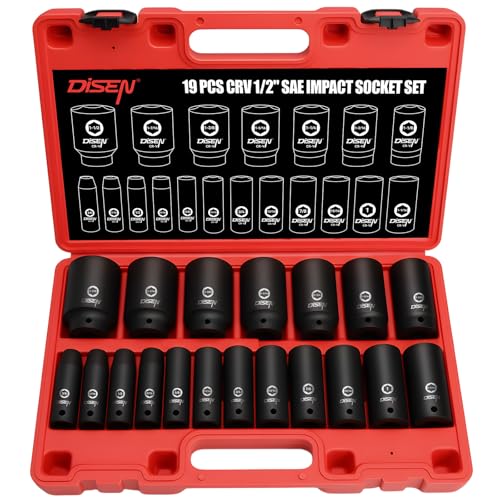 DISEN 19 Pcs 1/2" SAE Impact Socket Set, Deep Sockets 3/8"- 1-1/2", 6-Point Cr-V & Alloy Steel, 1/2 Inches Drive Impact Socket Set,Rugged Construction, Enhanced Storage Case - Image 1