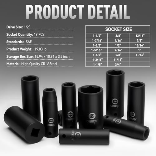 DISEN 19 Pcs 1/2" SAE Impact Socket Set, Deep Sockets 3/8"- 1-1/2", 6-Point Cr-V & Alloy Steel, 1/2 Inches Drive Impact Socket Set,Rugged Construction, Enhanced Storage Case - Image 2