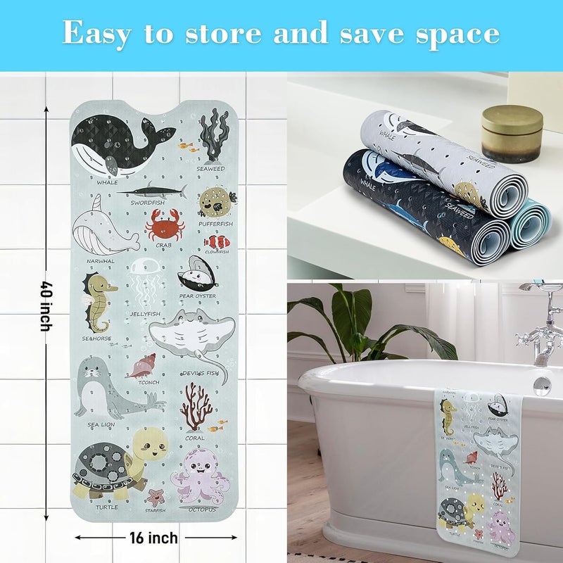Secopad Bath Mat for Tub Non Slip, Machine Washable Anti-Slip Cartoon Baby Bathtub Shower Mat with Drain Holes and Suction Cups for Toddler & Kids, 40 Inch x 16 Inch, Greige Sea Animals - Image 5