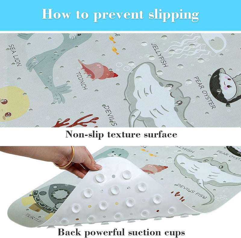 Secopad Bath Mat for Tub Non Slip, Machine Washable Anti-Slip Cartoon Baby Bathtub Shower Mat with Drain Holes and Suction Cups for Toddler & Kids, 40 Inch x 16 Inch, Greige Sea Animals - Image 3
