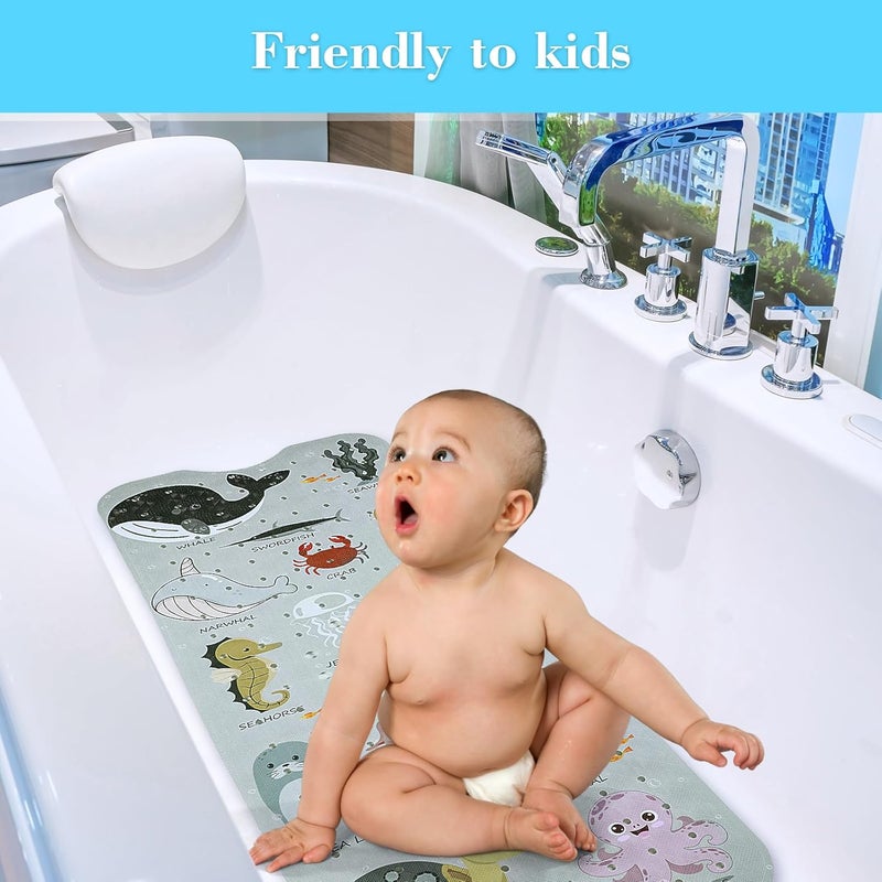 Secopad Bath Mat for Tub Non Slip, Machine Washable Anti-Slip Cartoon Baby Bathtub Shower Mat with Drain Holes and Suction Cups for Toddler & Kids, 40 Inch x 16 Inch, Greige Sea Animals - Image 2