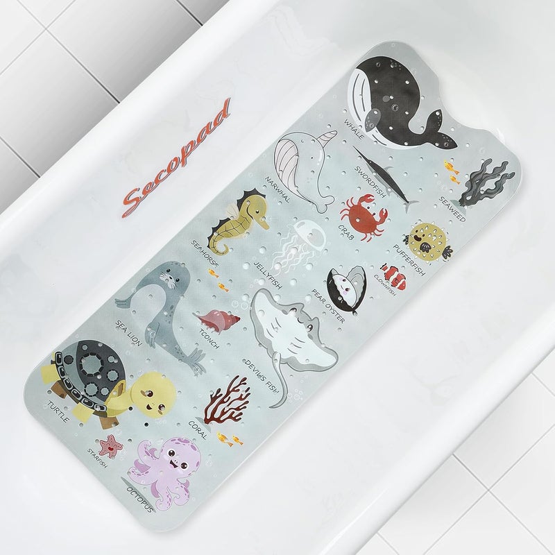 Secopad Bath Mat for Tub Non Slip, Machine Washable Anti-Slip Cartoon Baby Bathtub Shower Mat with Drain Holes and Suction Cups for Toddler & Kids, 40 Inch x 16 Inch, Greige Sea Animals - Image 1