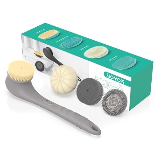 VOYOR Electric Body Brush Back Scrubber Silicone Body Scrubber Two-Way Rotating Brush Head for Deep Cleaning, Exfoliation, 4 Attachments Long Handle IPX6 Rechargeable Shower Brush BC300 (Grey) - Image 1