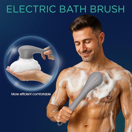 VOYOR Electric Body Brush Back Scrubber Silicone Body Scrubber Two-Way Rotating Brush Head for Deep Cleaning, Exfoliation, 4 Attachments Long Handle IPX6 Rechargeable Shower Brush BC300 (Grey) - Image 3
