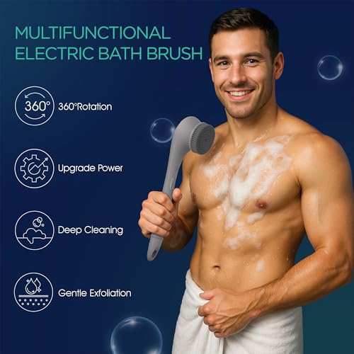 VOYOR Electric Body Brush Back Scrubber Silicone Body Scrubber Two-Way Rotating Brush Head for Deep Cleaning, Exfoliation, 4 Attachments Long Handle IPX6 Rechargeable Shower Brush BC300 (Grey) - Image 2