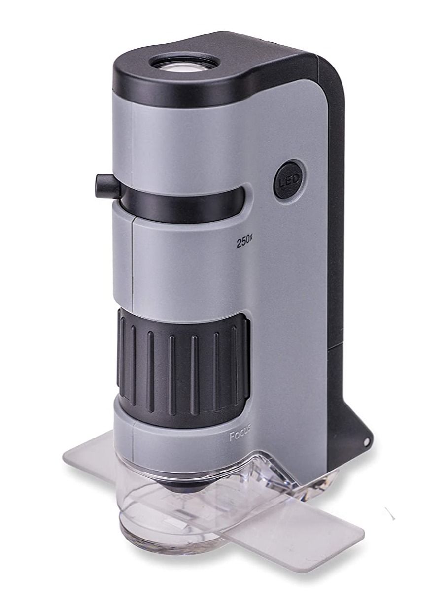 Carson MicroFlip 100x-250x LED and UV Lighted Pocket Microscope with Flip Down Slide Base and Smartphone Digiscoping Clip (MP-250)