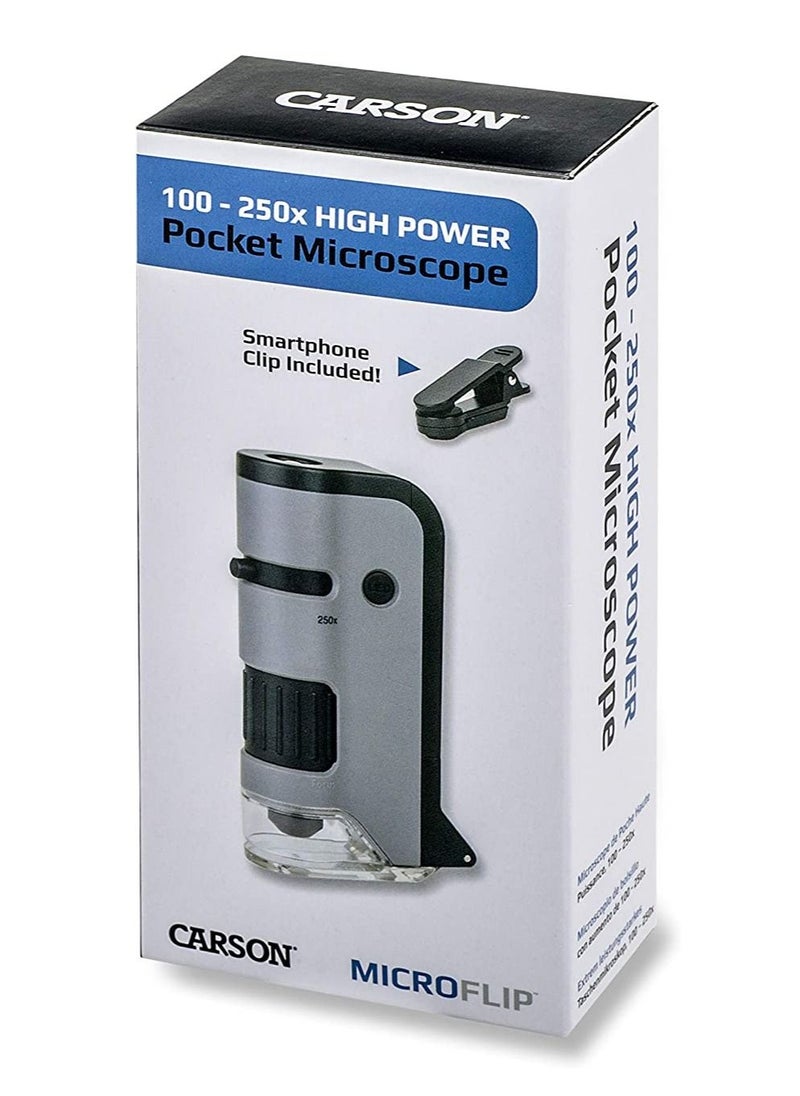 Carson - Carson MicroFlip 100x-250x LED and UV Lighted Pocket Microscope with Flip Down Slide Base and Smartphone Digiscoping Clip (MP-250) - Image 1