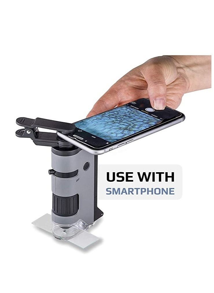 Carson - Carson MicroFlip 100x-250x LED and UV Lighted Pocket Microscope with Flip Down Slide Base and Smartphone Digiscoping Clip (MP-250) - Image 1
