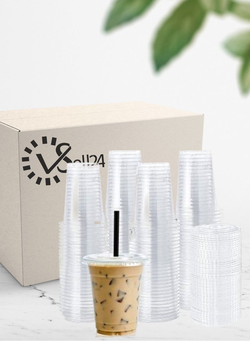 vsell24 14oz ClearCups with Plastic Disposable  Flat Lids  Premium Quality for Parties Events Cafes and Catering Perfect for Smoothies Iced Coffee Juices and More  - Image 1