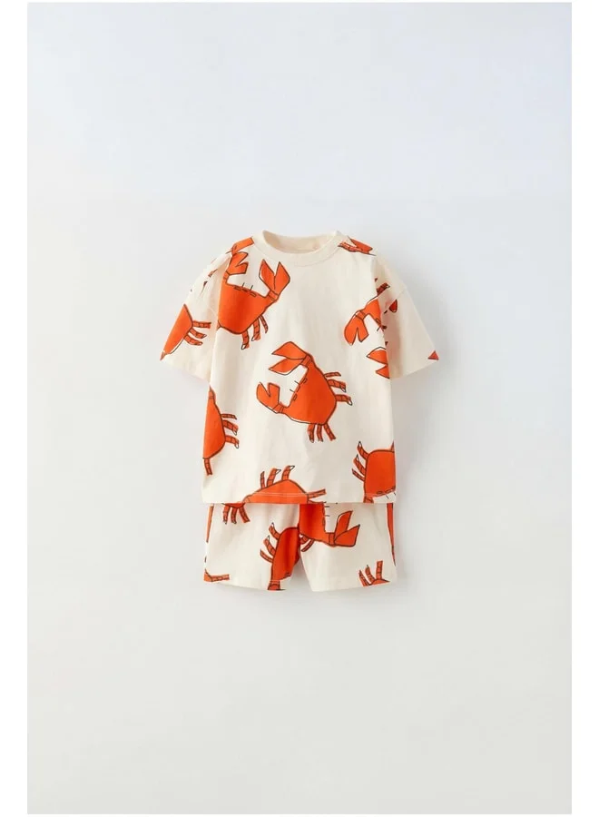 Magu Boys' Cotton Ecru Crab Patterned T-Shirt and Shorts Set