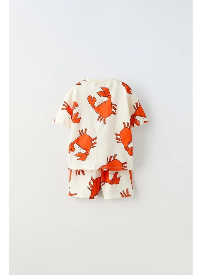 Magu Boys' Cotton Ecru Crab Patterned T-Shirt and Shorts Set