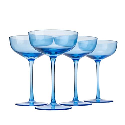 The Wine Savant Blue Colored Martini, Champagne and Cocktail Coupe Glass | 7oz | Set of 4 Colorful Valentine's Day Gifts Champagne & Glasses, Fancy Manhattan, Crystal Cocktails Barware Gifts (Ocean Blue) - Image 1