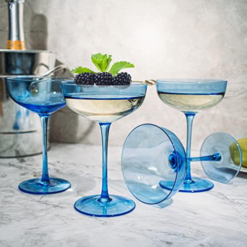The Wine Savant Blue Colored Martini, Champagne and Cocktail Coupe Glass | 7oz | Set of 4 Colorful Valentine's Day Gifts Champagne & Glasses, Fancy Manhattan, Crystal Cocktails Barware Gifts (Ocean Blue) - Image 4