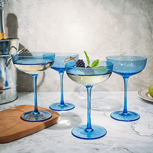 The Wine Savant Blue Colored Martini, Champagne and Cocktail Coupe Glass | 7oz | Set of 4 Colorful Valentine's Day Gifts Champagne & Glasses, Fancy Manhattan, Crystal Cocktails Barware Gifts (Ocean Blue) - Image 5