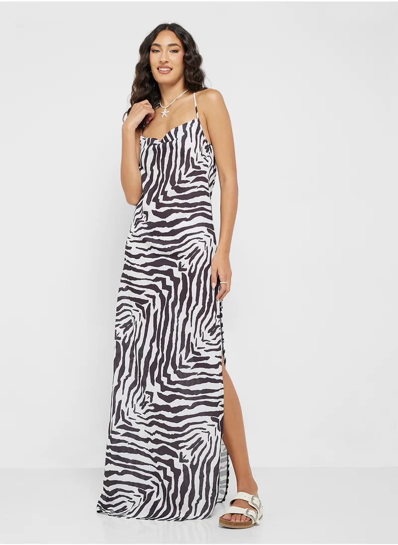 جينجر Zebra Print Strappy Sheer Beach Coverup Dress