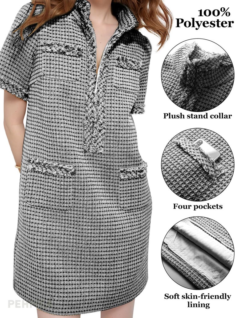 PEHMEA Women's Tweed Dress, Short Sleeve Straight Tube Mini Dress with Pockets for Business Party Work(Black-S) - Image 5
